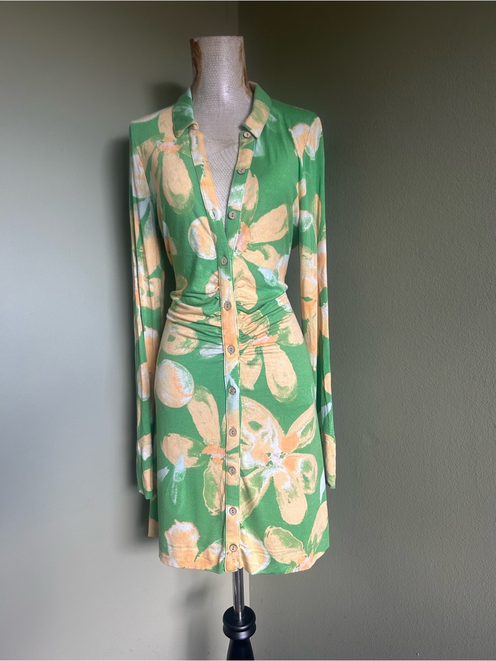 Free People Green Floral Button-Front Long Sleeve Dress Sz L